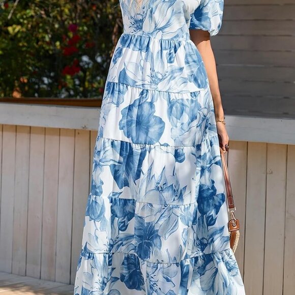 Short Sleeve Floral Maxi Dresses for Women 2025 Wedding Guest Summer Dress Flowy - Picture 3 of 7